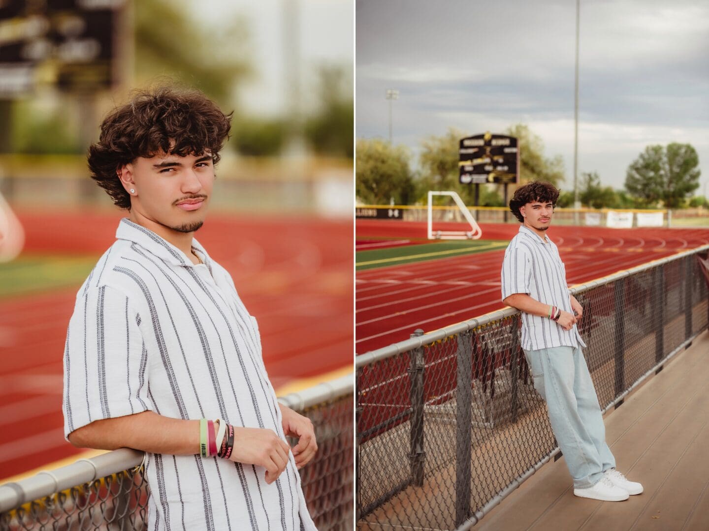 senior boy photos on the high school stadium track